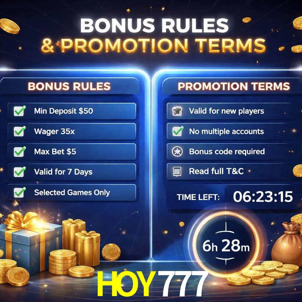 Reglas de promoción HOY777 y condiciones de bonos explicadas visualmente