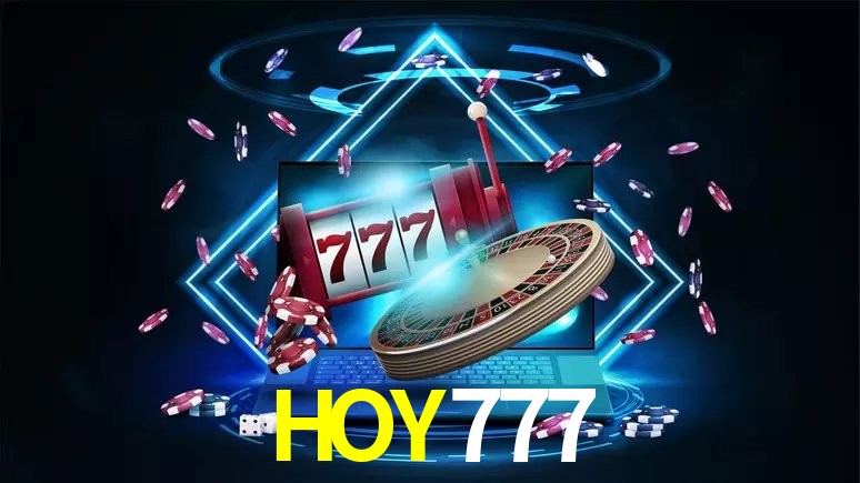 Escena dinámica inspirada en casino con iluminación HOY777, cartas, fichas e íconos de juegos digitales en un espacio moderno de juegos.